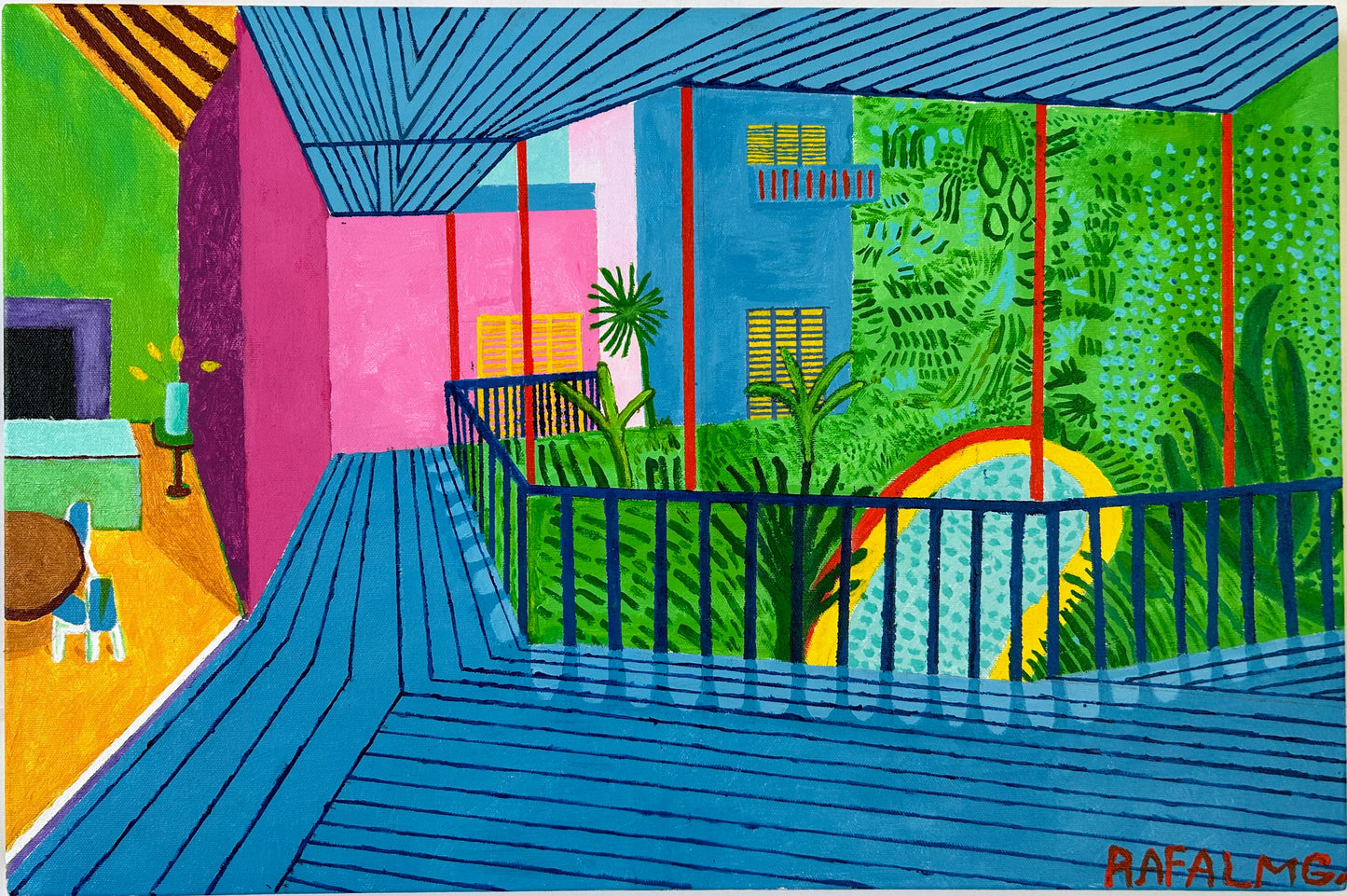 La terraza — Interpretación inspirada en Hockney